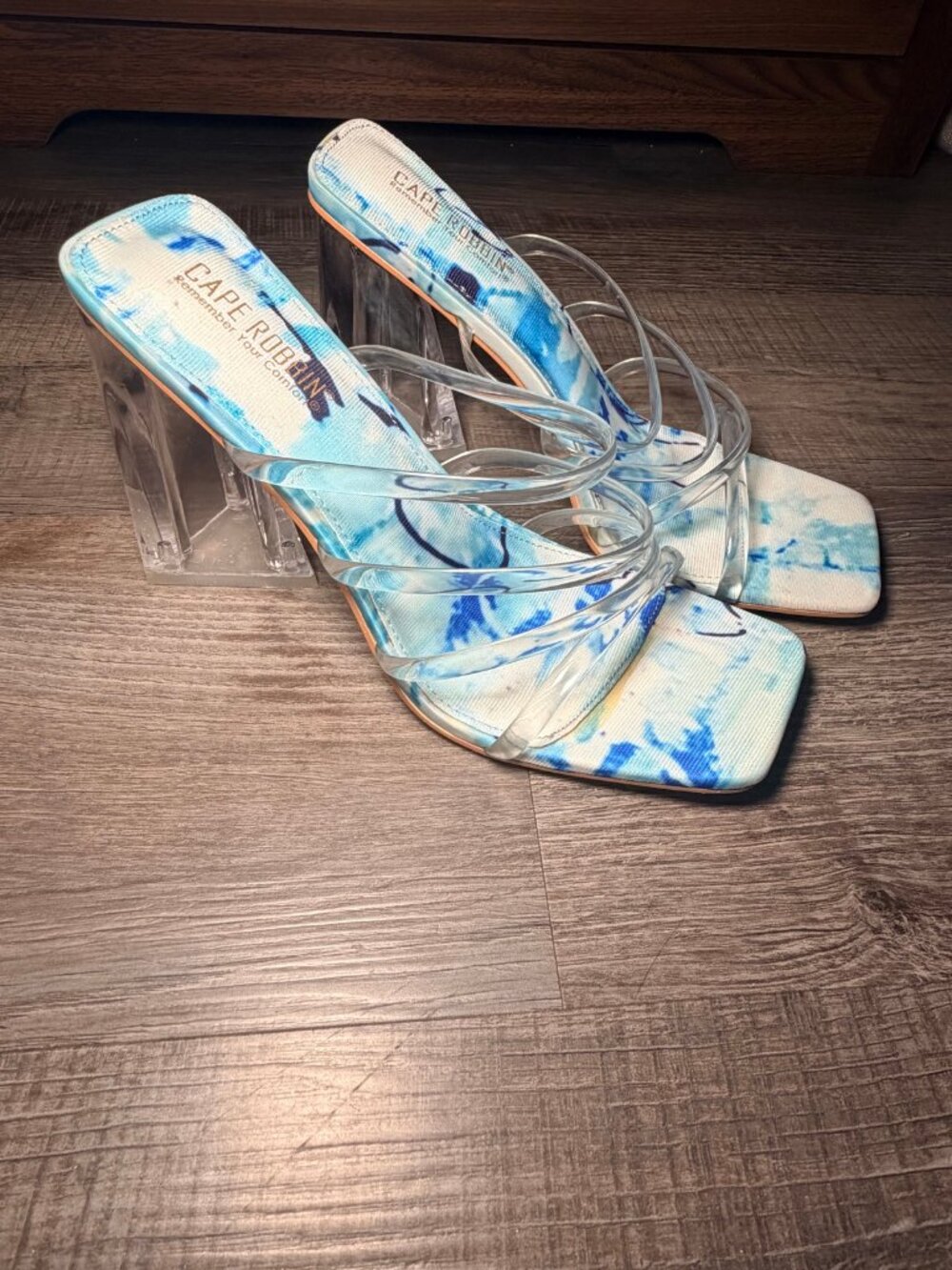 Cape Robbin Clear Strappy Block Heel Sandals 8.5 Blue Tie Dye Y2K Square Toe